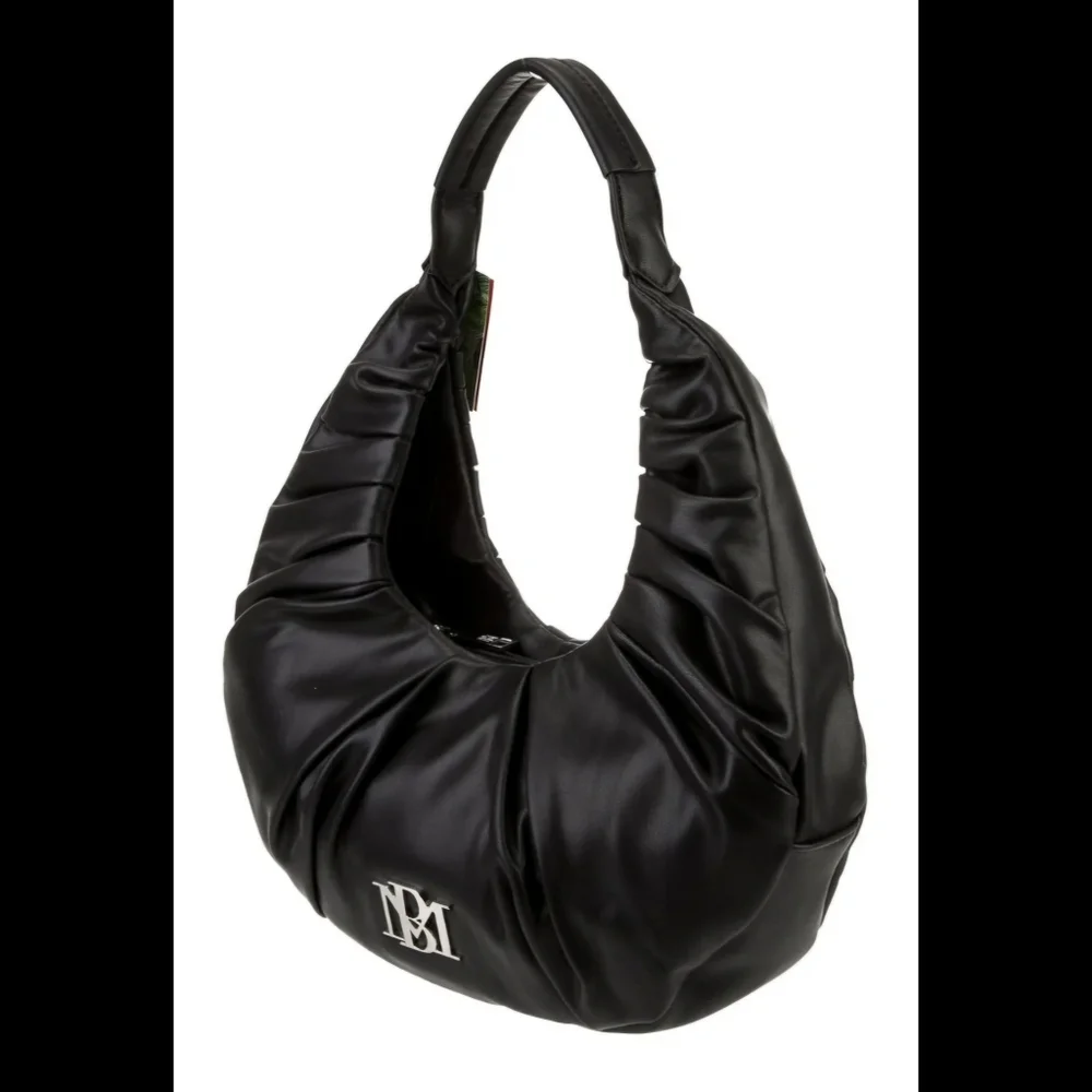 Badgley Mischka Black Ruched Hobo with Silver Logo Accent